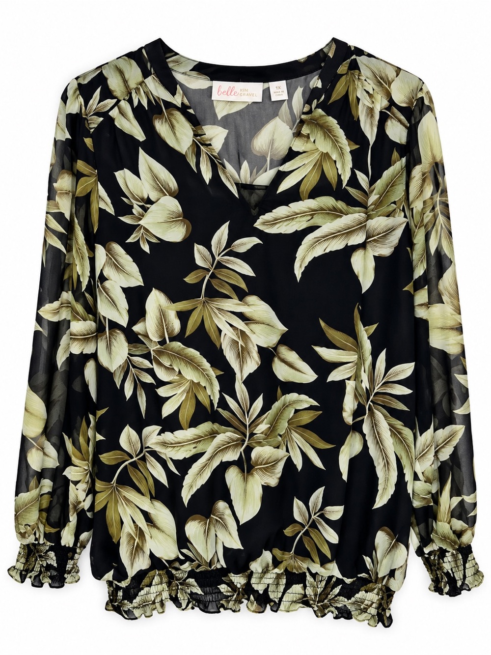 Kim Gravel Belle Tropical Foliage Blouse Black Green Size 1X Long Sleeve